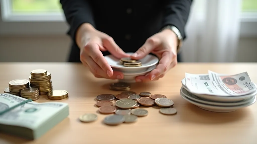 Rokas šķiro dažādus monētas un naudas banknotes uz gaļa galda