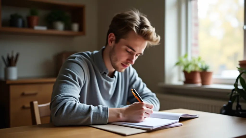 Cilvēks nēsā dīvānu notebook ar rakstīšanas instrumentiem, mājīgs vidējā